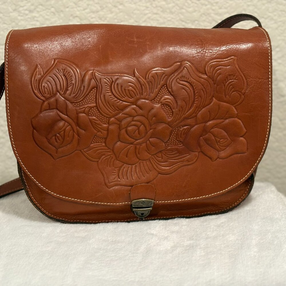 Patricia Nash Braidi Leather Crossbody Bag with Tooled Rose Design on the Flap